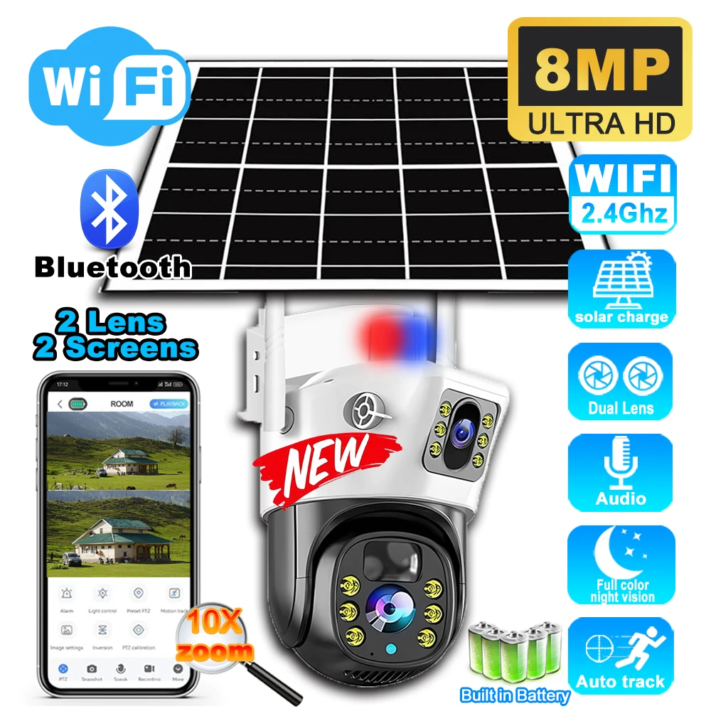 

8MP 4K Солнечная камера WIFI Открытый HD Двойной объектив 10-кратный зум PTZ IP-камеры 360-монитор Открытый PIR Обнаружение человека Ночное видение CCTV