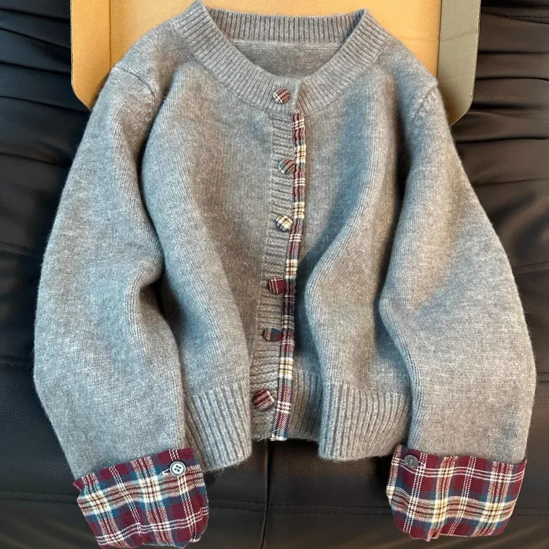 

Women's Autumn Winter New Style Korean Style Open Cardigan Top Loose Casual Knitted Plaid Sweater round Neck Splicing Design