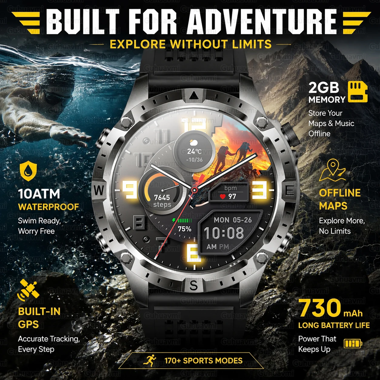 2026New Military TANK GPS SmartWatch Offline Map 10ATM Swim Altitude Compass BT Call 2GB RAM Music Fitness Sports Smartwatch Men