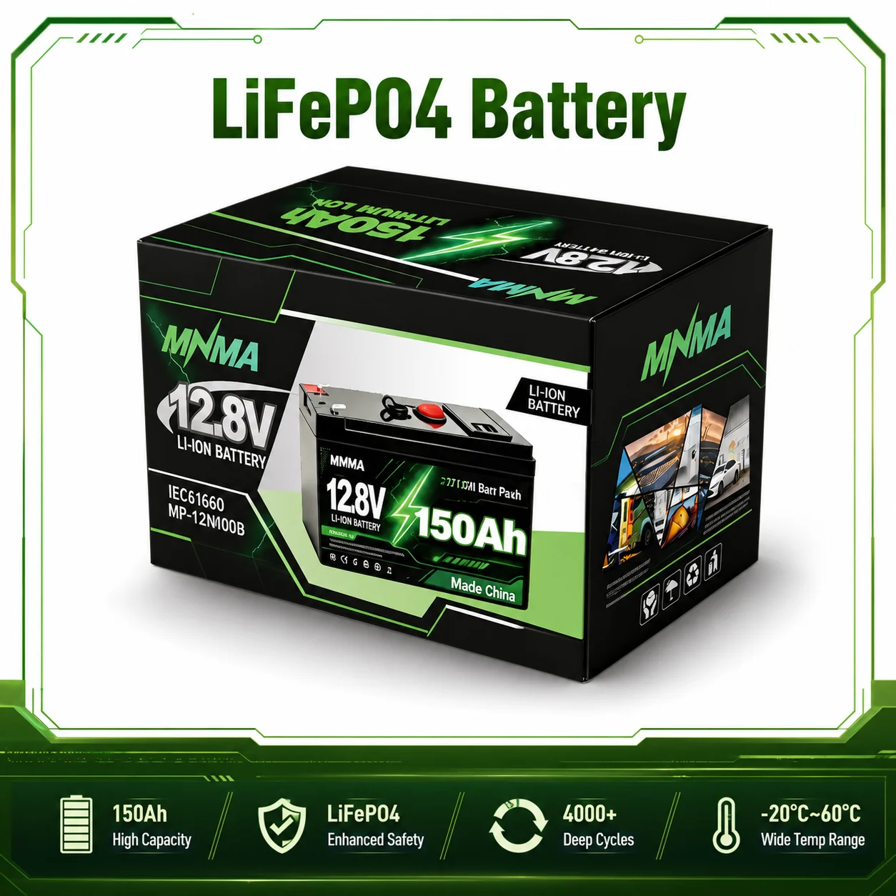 12.8V 150Ah 6000+built-in 100A BMS suitable for RV/fish exploration/ship/solar energy storage lithium-ion battery +Charger
