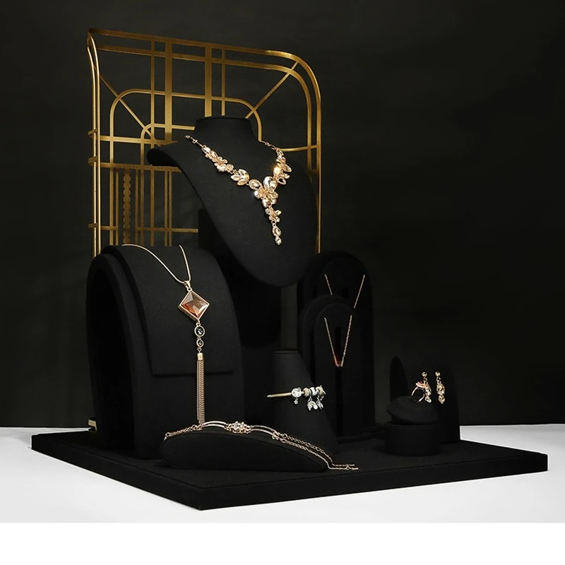 Black microfiber high-end window jewelry display stand set necklace ring jewelry rack counter display props