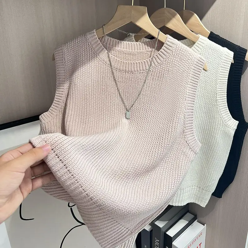 2024 Summer Slim Knit Thin Vest Women Off Shoulder Tops Comfortable and Breathable Ice Silk Round Neck Sleeveless Top,