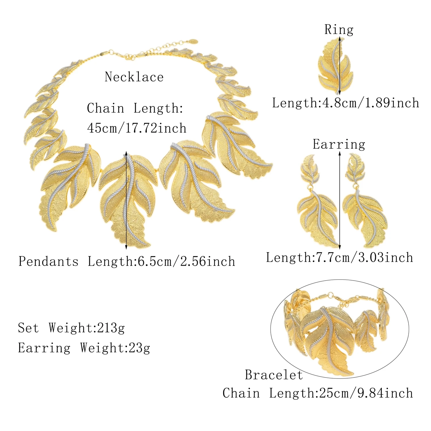 Gold Plated Italian Jewelry Set for Women Leaves Pendant Necklace Stud Earrings Bracelet Ring African Daily Party Accessories