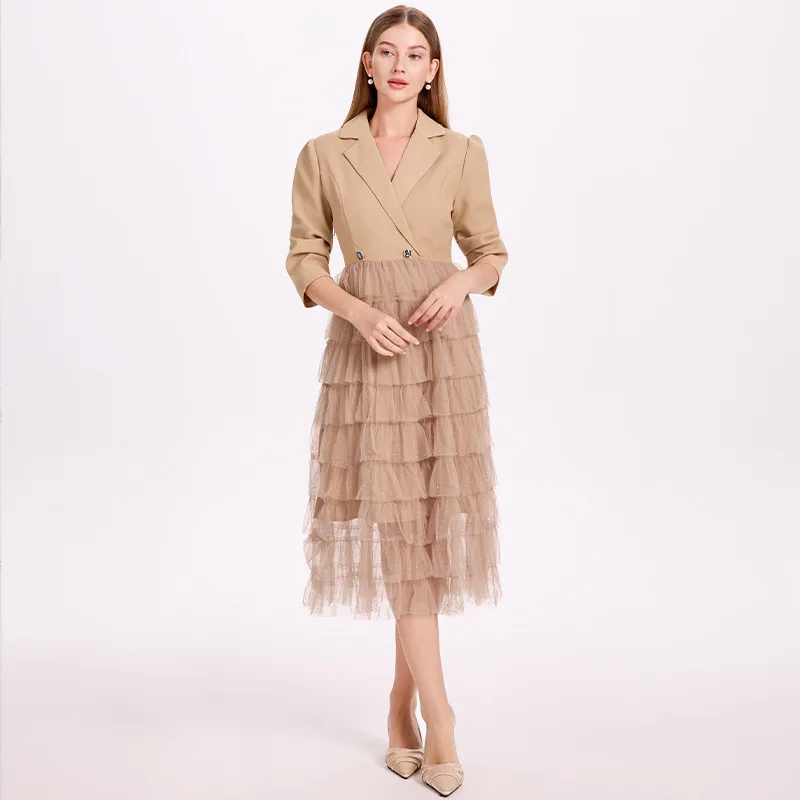 Street Sle hoge taille polyester lange jurk met taartrok pak casual par Dr voor dames V Ne Nine Sve dames Dr