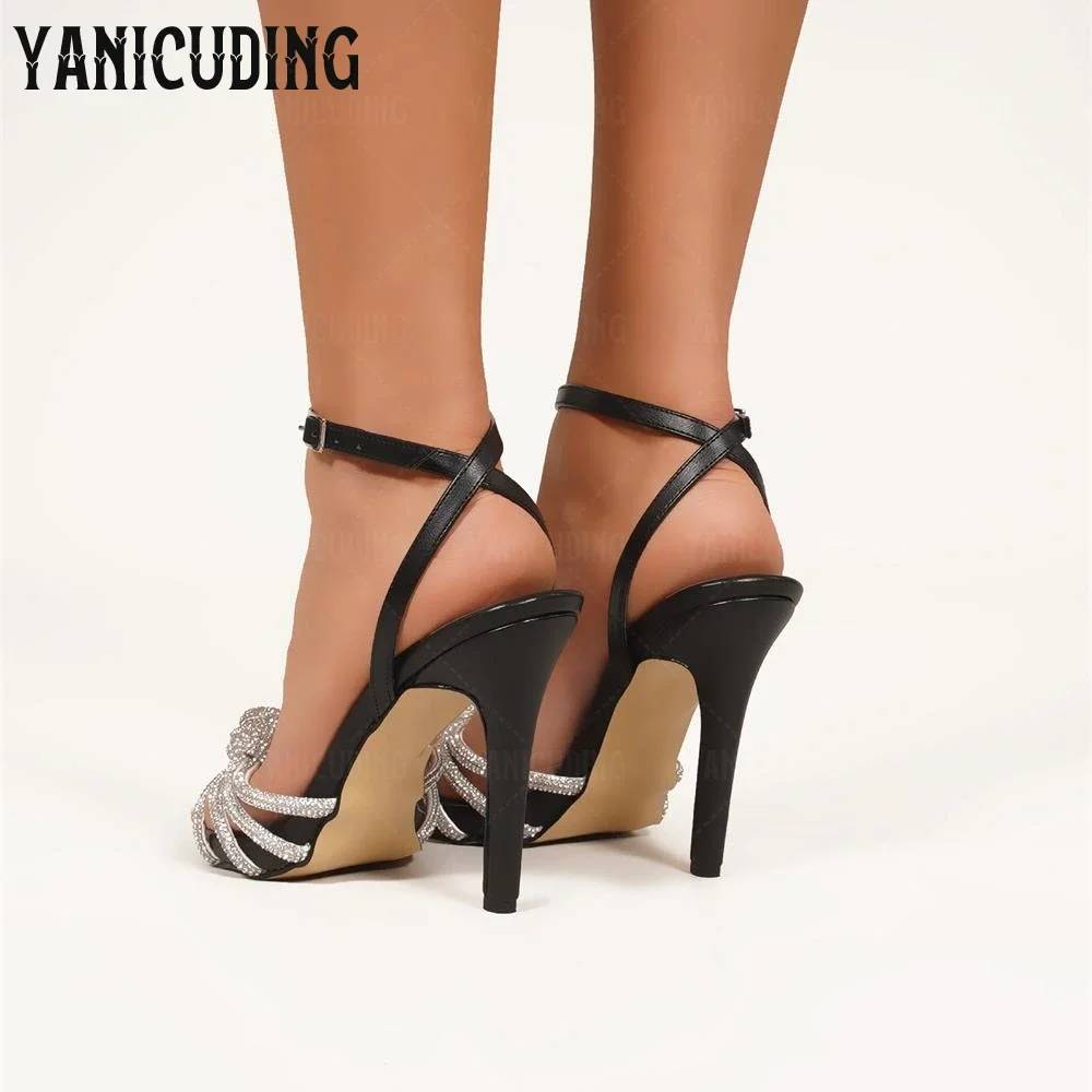 Knotted Rhinestone Sandals Round Toe Stiletto Summer Shoes Buckle Luxurious Design Sandals Women's Custom Colour Leather Sandals
