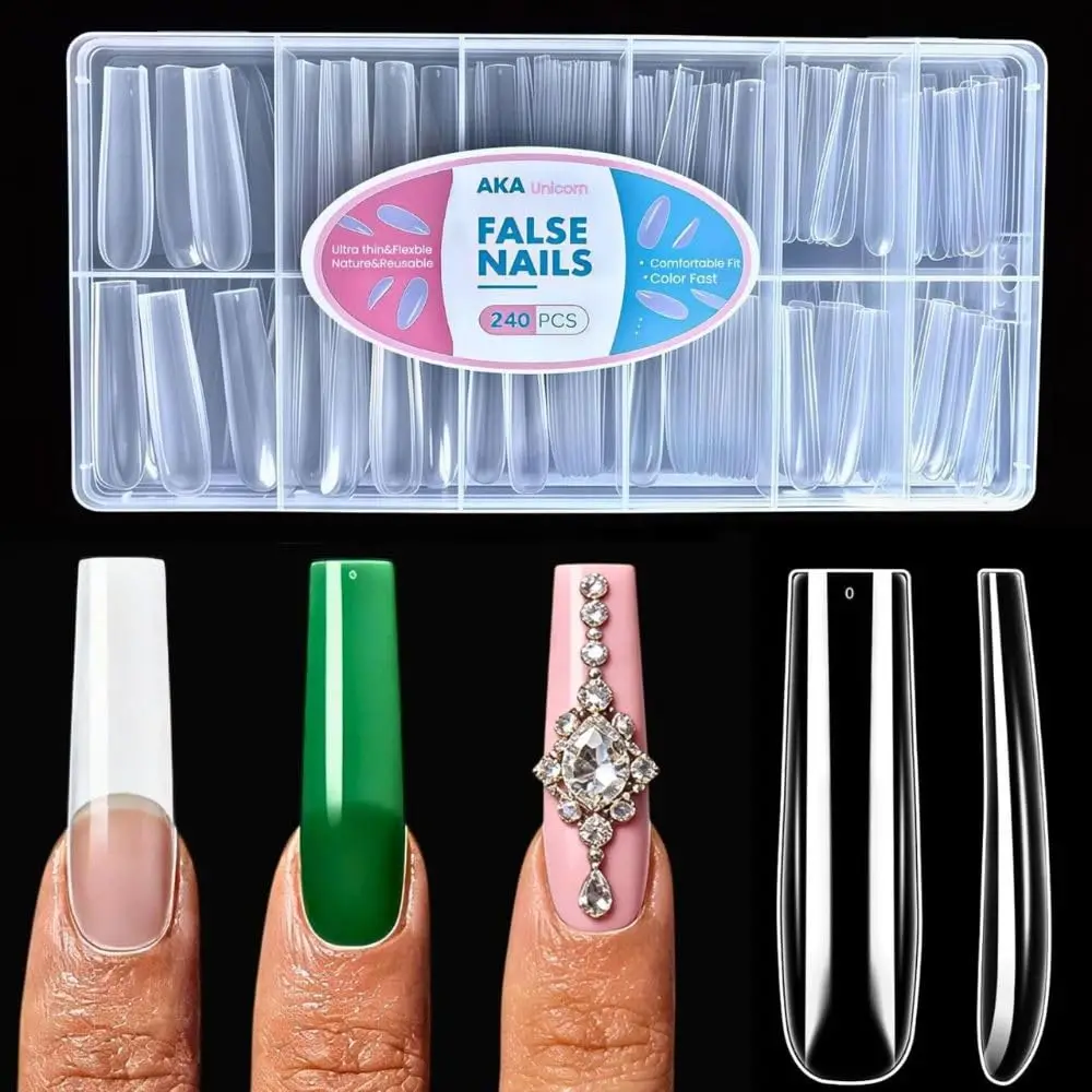 

Clear Gel Nail Tips Square, 240Pcs Pre-buffed Full Cover Long Straight Nails, 12 Sizes XXL Nail Extensions for DIY Home Salon