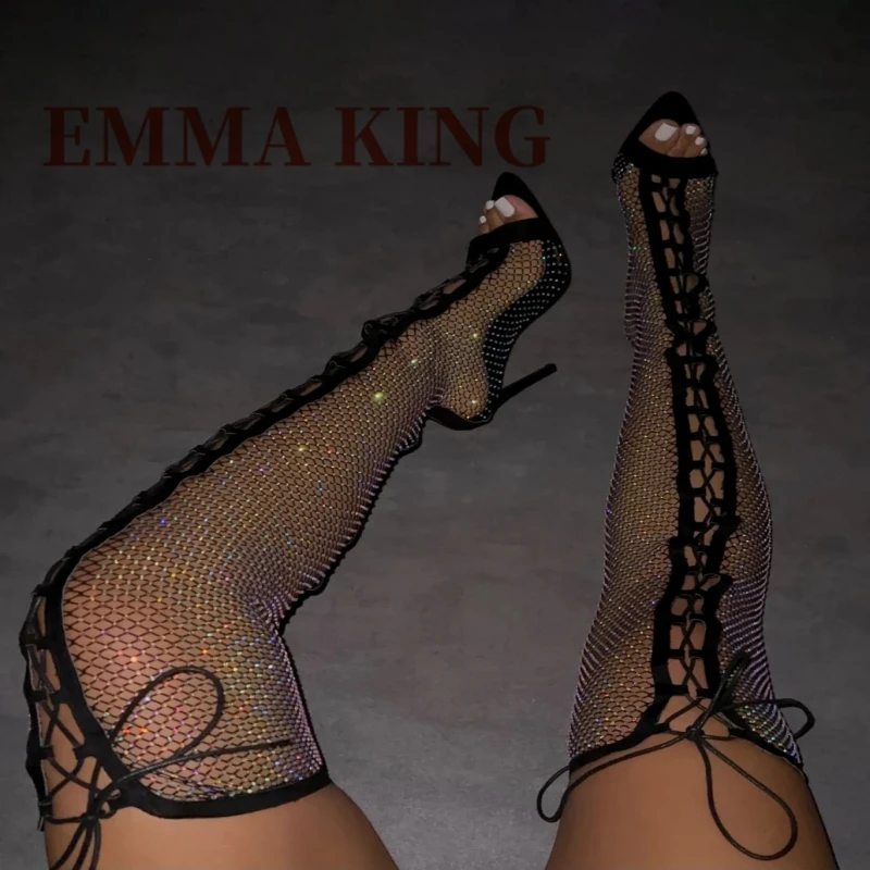 رقيقة صنادل عالية الكعب للأحذية النسائية شبكة الدانتيل يصل أحذية المصارع أنيق الوردي حجر الراين شبكة صيد السمك خنجر أحذية طويلة