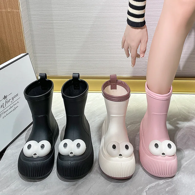 Cute Cartoon Big Eyes Rain Boots Protective Footwear 100% Waterproof PVC Lightweight & Durable High-Heeled Outside Water Shoes