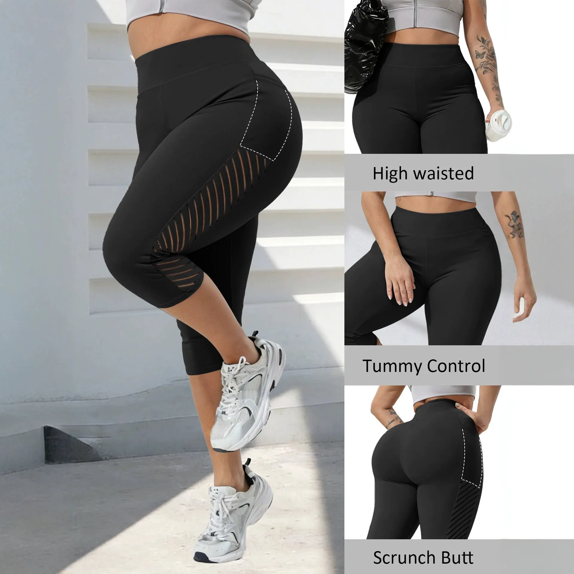 Black High Waist Leggings Capri Length Slim Fit Yoga Pants Mesh Panel Pocket Tights Seamless Waistband Tummy Control Workout