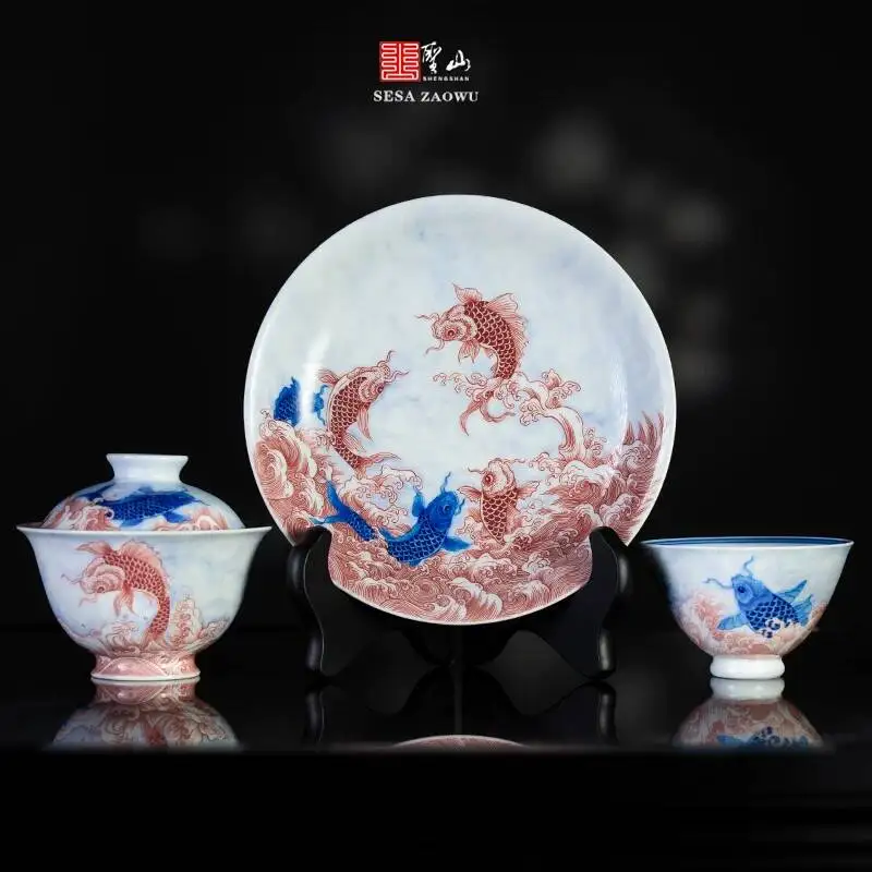 Holy Mountain Jingdezhen Blue And White Doucai Koi Tengyue Ceramic Hand-Painted Chinese Covered Bowl Set Tea Cup