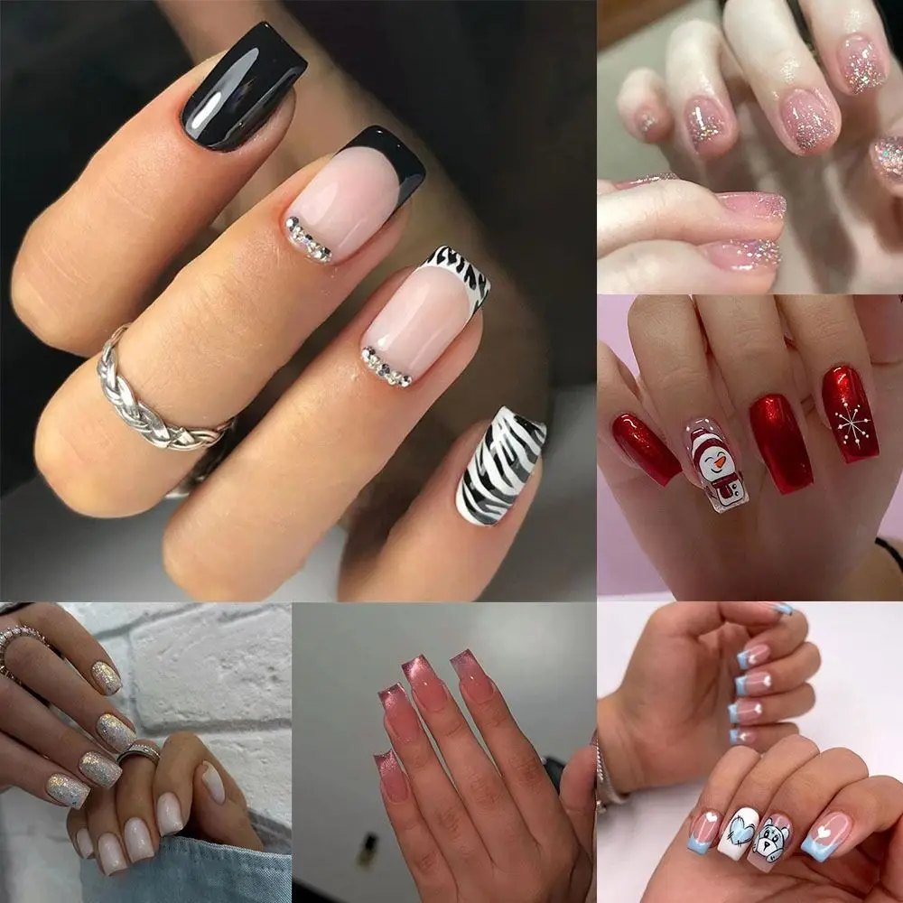 Neue lange quadratische falsche Nägel Französisch schillernde Burst drücken auf Nägel Glitzer abnehmbare Nagels pitzen DIY