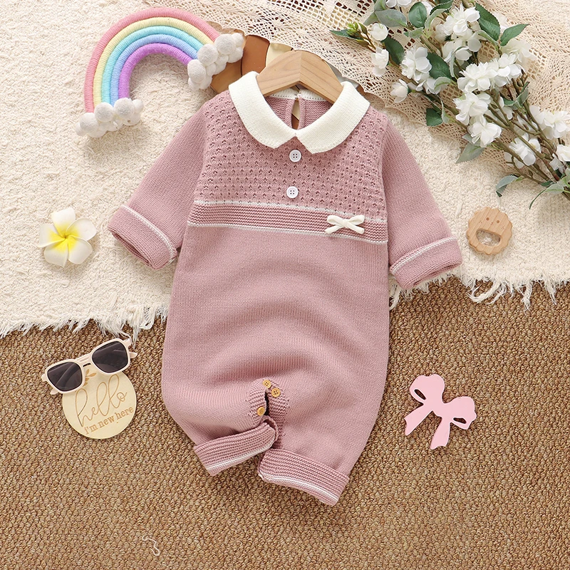 

Newborn Baby Rompers Knit Pink Tutle Neck Long Sleeve Infant Kids Girls Jumpsuits 0-18m One Piece Autumn Winter Toddler Overalls