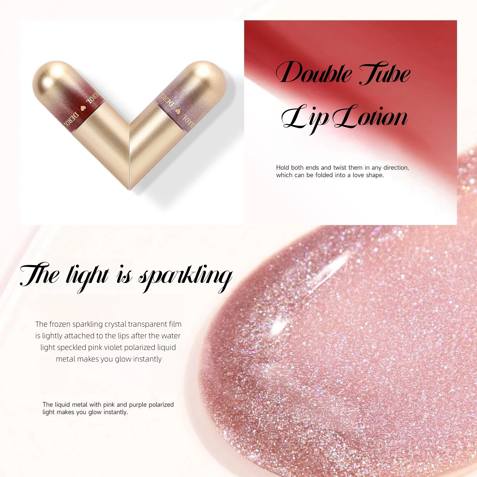 Double Tube Lip Gloss Can Rotate Heart Shape Hydrating And Moisturizing Plump Lips Glass Lip Oil Glitter Mirror Lip Glaze Makeup