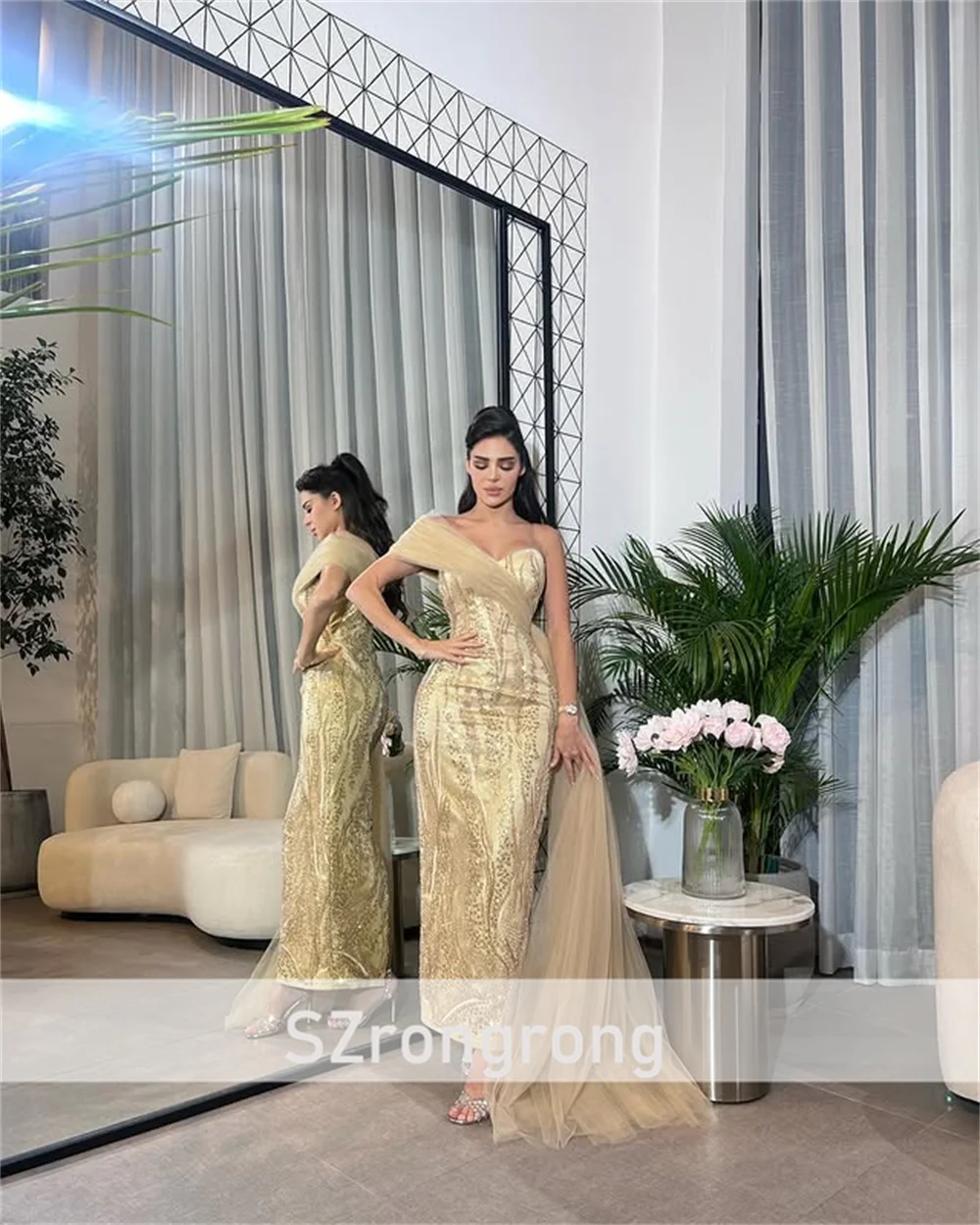 Vestido de fiesta personalizado, glamuroso, sin mangas, con cuentas brillantes, tubo de tul, sin espalda, hasta el tobillo, vestido de noche con corte de barrido