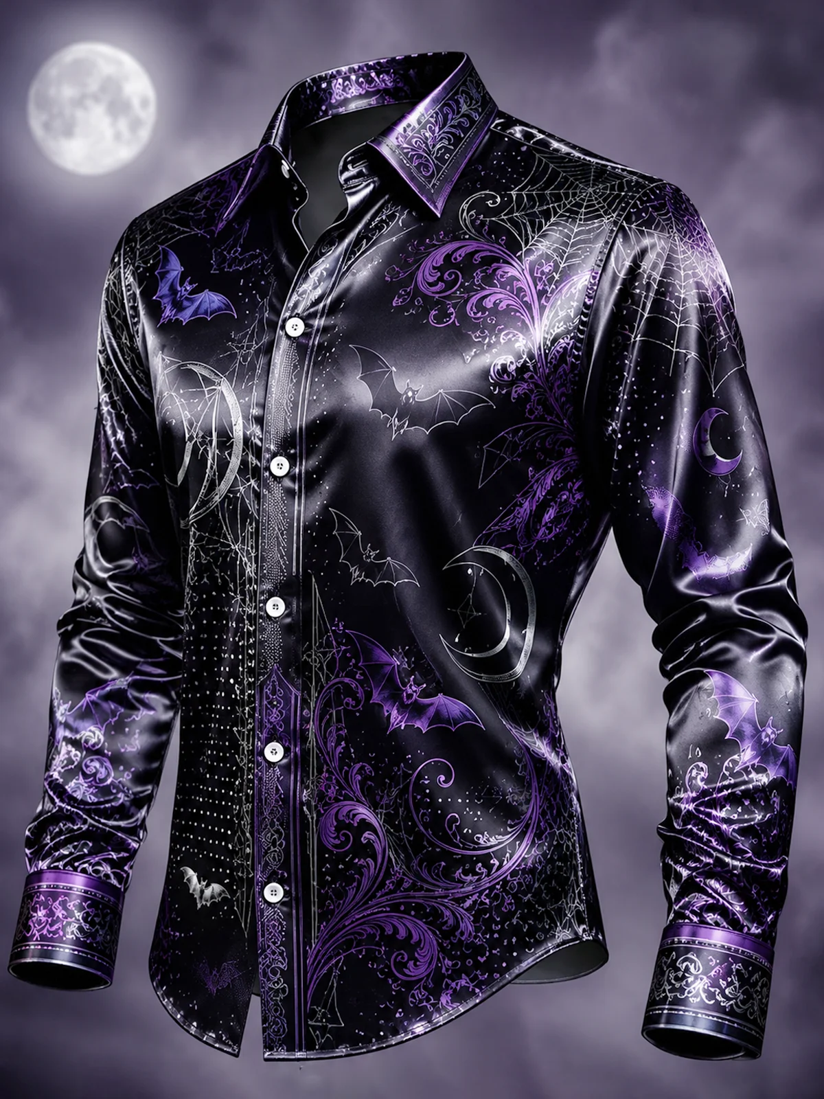 Men Satin 3D Print Long Sleeve Shirt Halloween Pumpkin Bat Spider Web Lapel Button Down Shirt