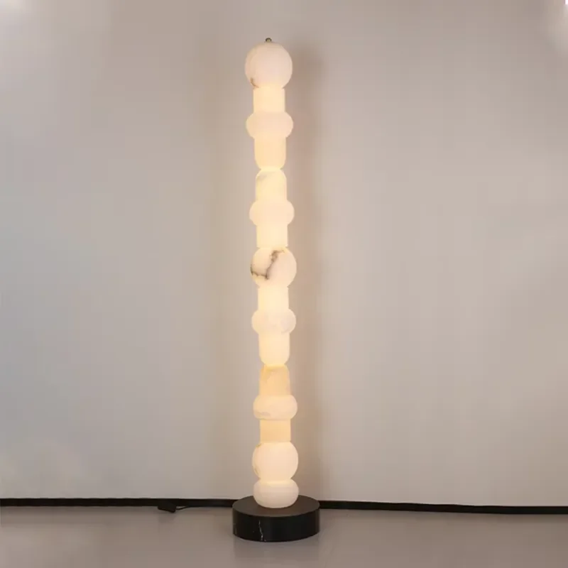 Minimalist Modern LED Floor Lamp Stacked Alabaster Globe Shades Black Solid Copper Base Decorative Standing Office Lobby