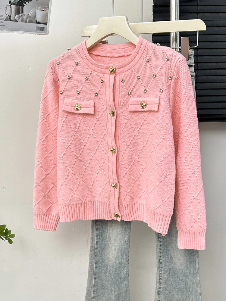 Gaganight Women French Style Rhinestone Sparkling Single Breasted O neck Sweater 2024 Autumn New Korean Fashion Knitted Sweater