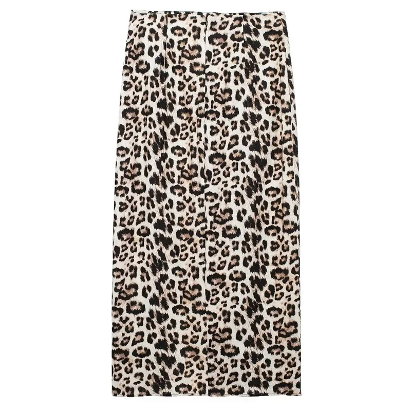 TRAF Vintage Leopard Midi Skirt Animal Print Long Skirts For Women Buckle Ruched Summer Pencil Skirt Asymmetric Slit Beach Skirt