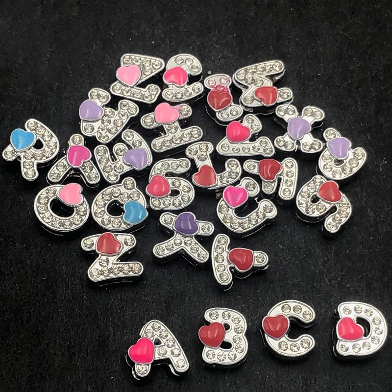 HeartRhinestone 8mm suwak litery Charms Alphabet Fit bransoletka opaska na nadgarstek kołnierz klucz łańcuszek do spodni DIY biżuteria dla kobiet prezent dla dzieci