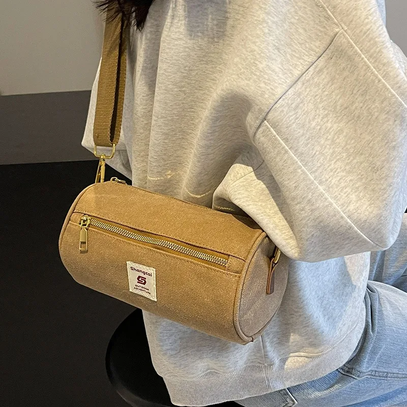Canvas bag, women's new high-end texture, niche autumn and winter crossbody bag, versatile cylindrical bag