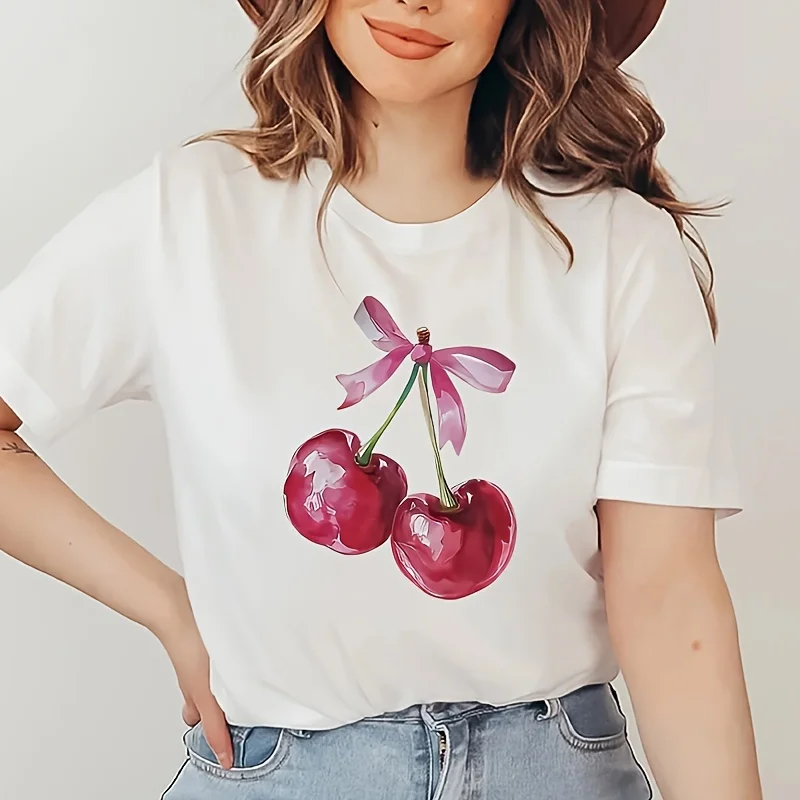 Men's and Women's Casual T-shirts with Delicate Cherry Print, Summer Short Sleeved Round Neck, Outdoor and Daily Outfits