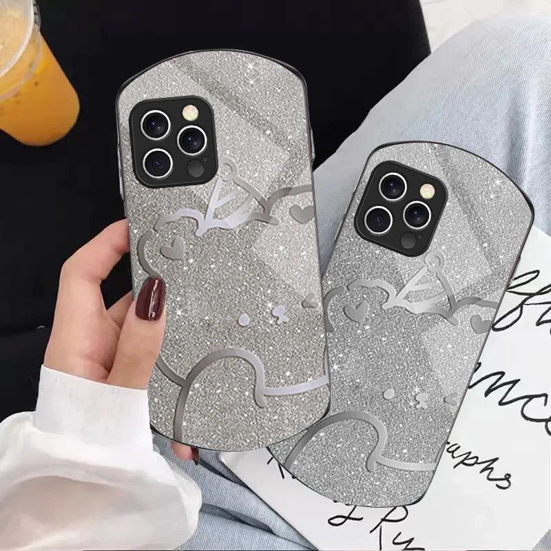 

Pink romantic teddy bear For iPhone 16 15 14 Pro 13 Plus 12 mini 11 13Pro Max XR X S 7 8 6 Elliptical Tempered Glass Phone Case