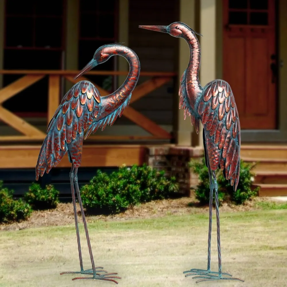 Metal Garden Crane Statues - Large Patina Heron Yard Art Decor for Lawn, Patio, and Outdoor Spaces, Set of 2