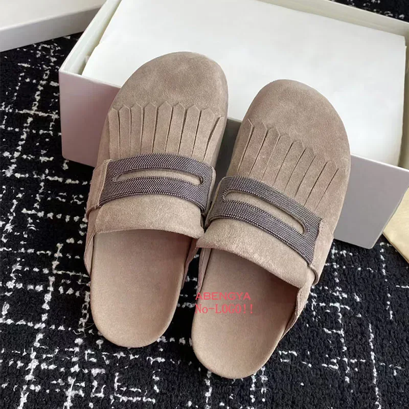 

Designer Khaki Suede Flat Half Slippers Women Wrap Toe Tassel Mules Flat Shoes Spring Casual Outdoor Vacation Walk Shoes Woman