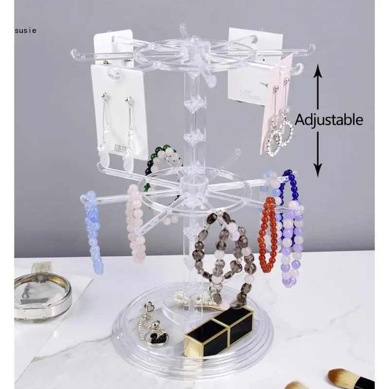 X7YA Countertop Acrylic Rotating Keychain Rack Adjustable 2 Tire Spinner Display Holder Trinkets Jewelry Stand