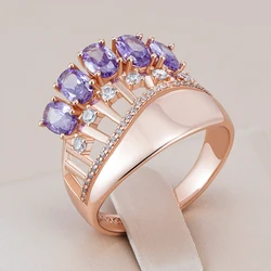 Kinel Hot Shiny Purple Natural Zircon Big Rings For Women Fashion 585 Rose Gold Color Crystal Flower Vintage Wedding Jewelry