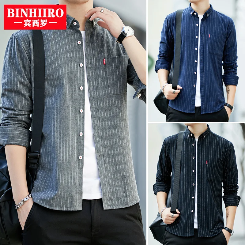 

BINHIIRO Spring New Men's Casual Regular-fit Long Sleeve Solid Shirts Single Patch Pocket Button Down Striped Tops Shirt Male