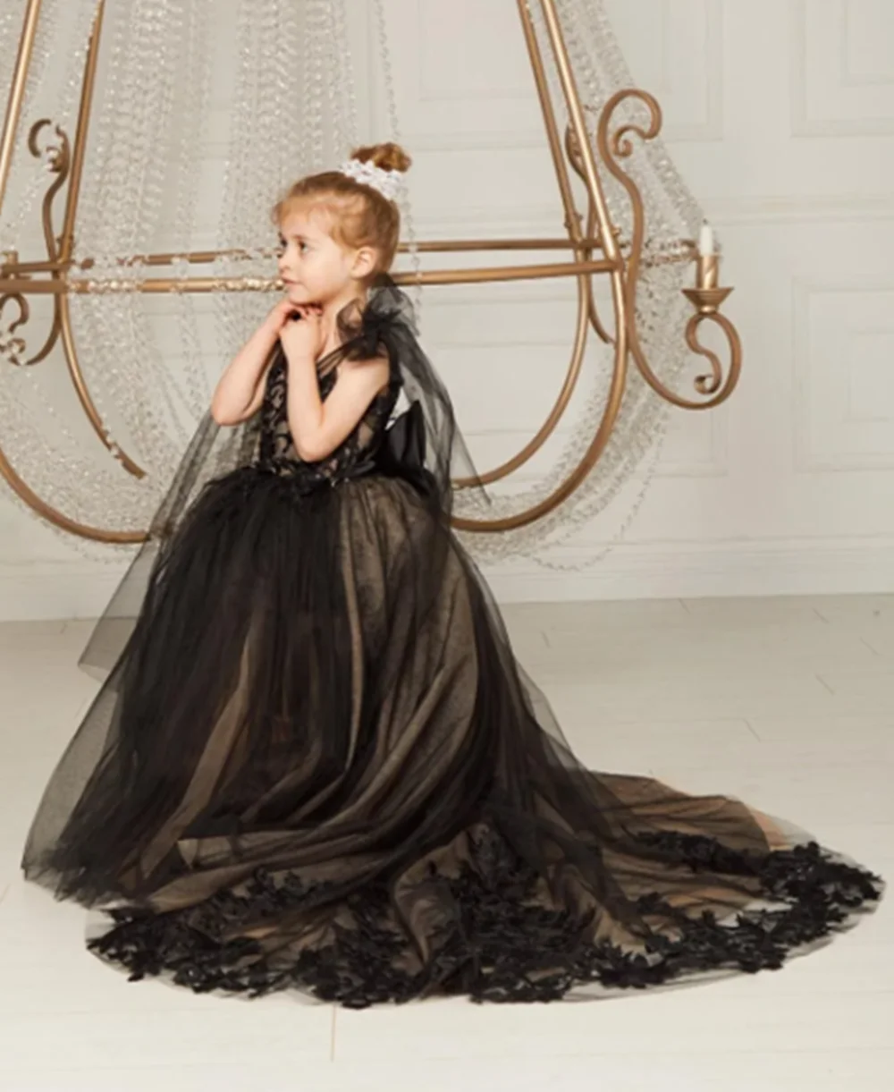 Vestidos de niña de flores con cuello en V doble y lazo, vestido de princesa de tul con encaje para niños pequeños, vestido de fiesta de boda con tren de cepillo para niños