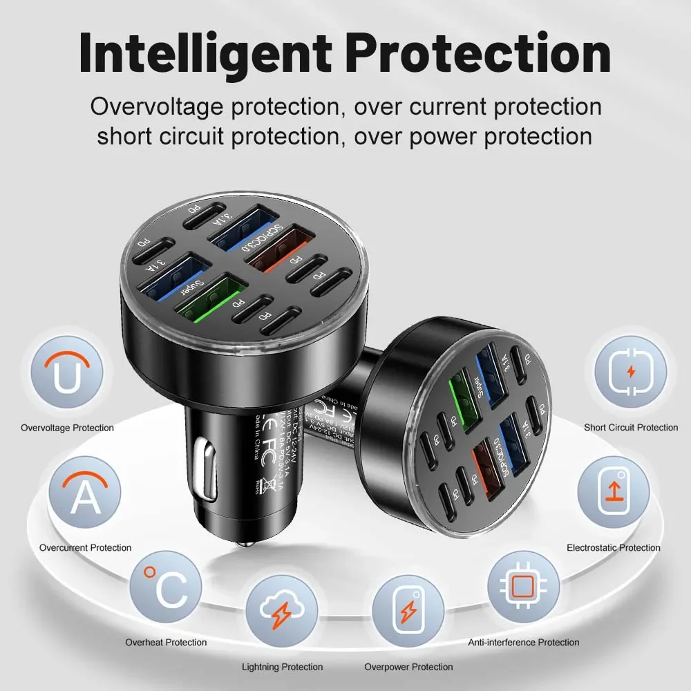 250W 10 Ports Car Charger Fast Charging PD QC3.0 USB C Car Phone Charger Type C Adapter in Car For iPhone Samsung Huawei Xiaomi