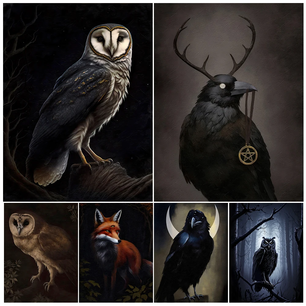 

Magic Raven,Night Owl,Three Eyed Fox,Mysterious Creature Art Poster Print Dark Gothic Wiccan Witchy Wall Art Canvas Print Decor