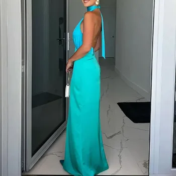 여성용 우아한 패치워크 하이웨이스트 브이넥 새틴 원피스, 섹시한 민소매 긴 원피스 패션, 걸이식 레이스업 백리스 파티 드레스 