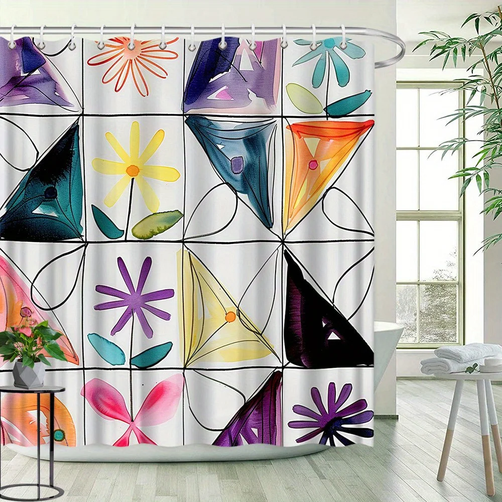 

1pc Floral Pattern Shower Curtain Creative Natural Style Bathroom Decoration Polyester Fabric Contains 12 Hooks