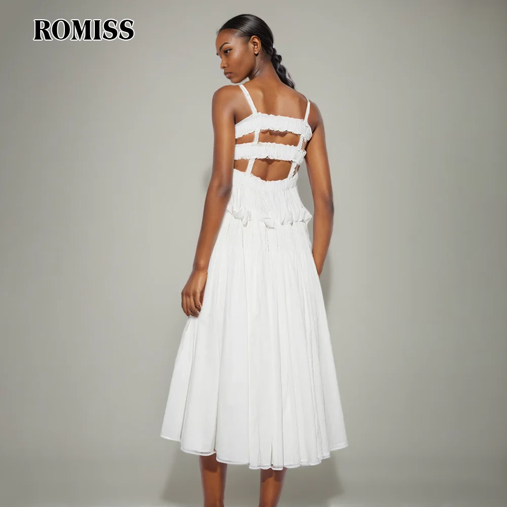 

ROMISS stitching lotus leaf edge elegant dress ladies collar sleeveless high -waist off -back carved design sense dress