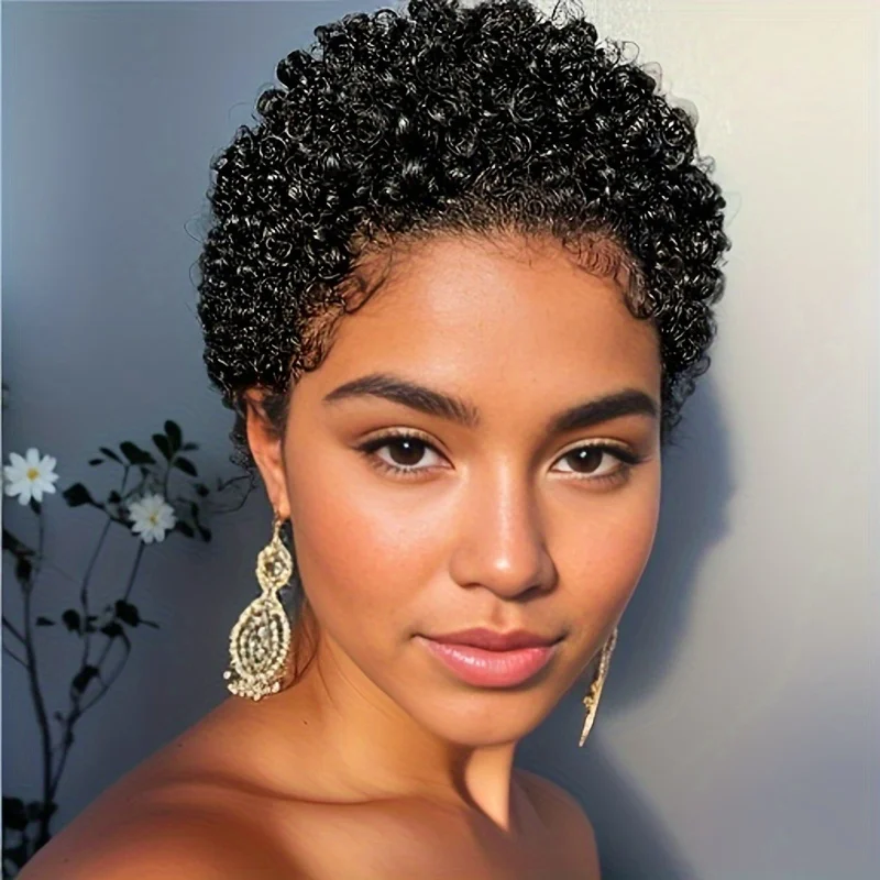 short afro curly human hair wig 150% density remy hair machine made pixie cut short curly human hair wig 4inch black color