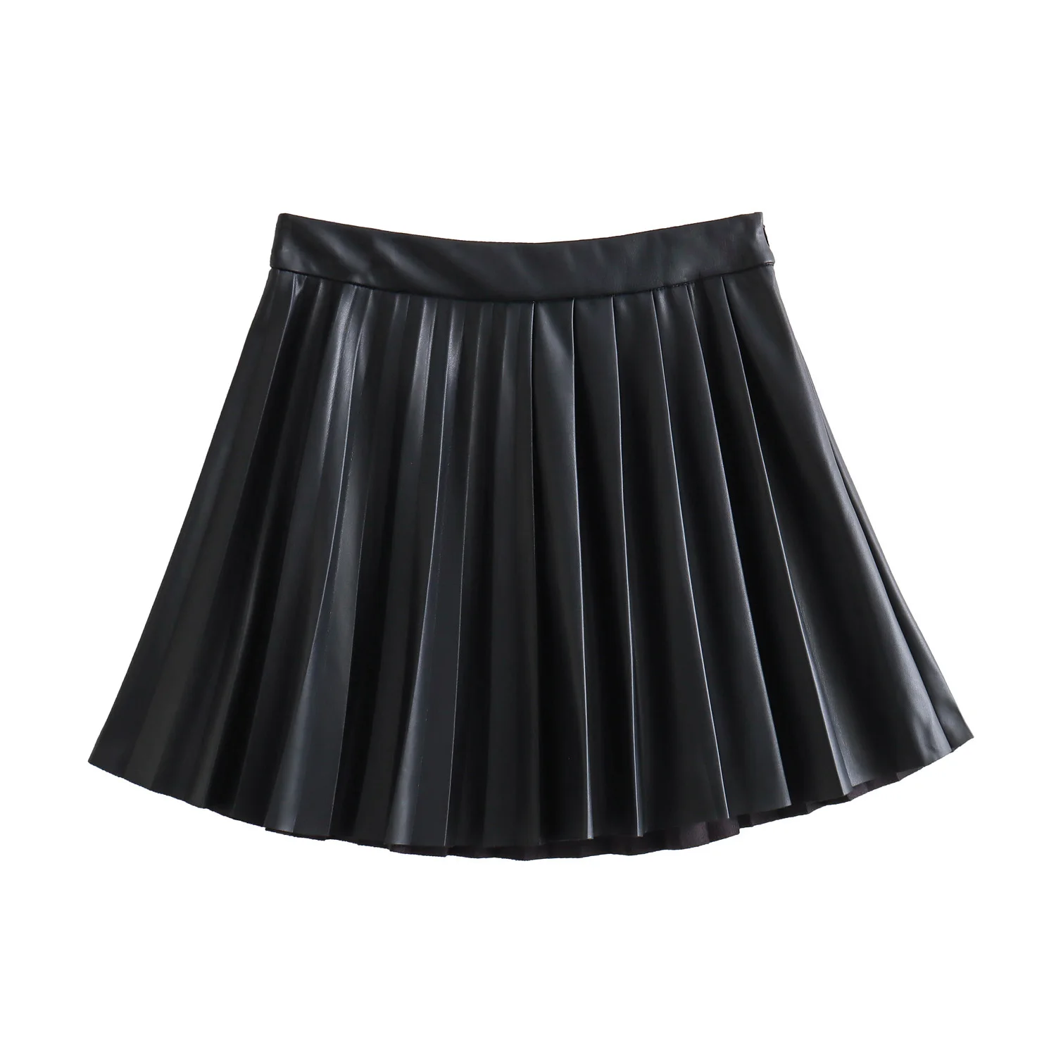 TRAF ZA Women 2025 Spring New Fashion Lazy Style Faux Leather Skirt Chic Side Zipper Pleated Casual Mini Skirt Mujer