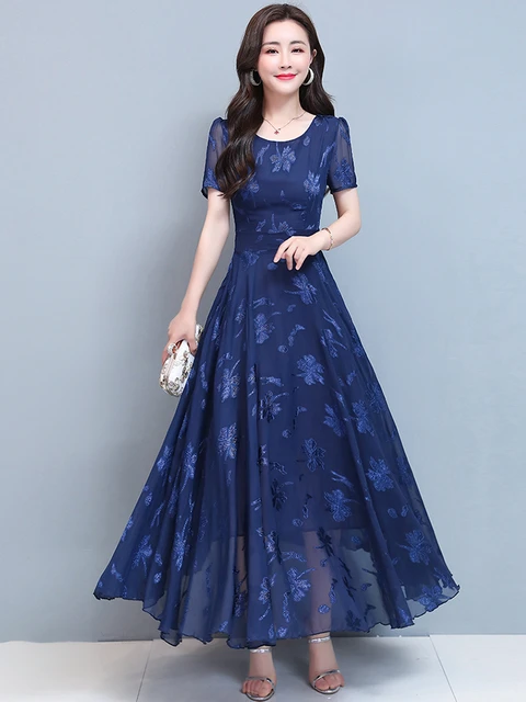 Robe Longue en Mousseline de Soie pour Femme Vetement Vintage Bleu Maxi Floral ix Elegant Boho Mode Coreenne Chic Soiree Ete 2023