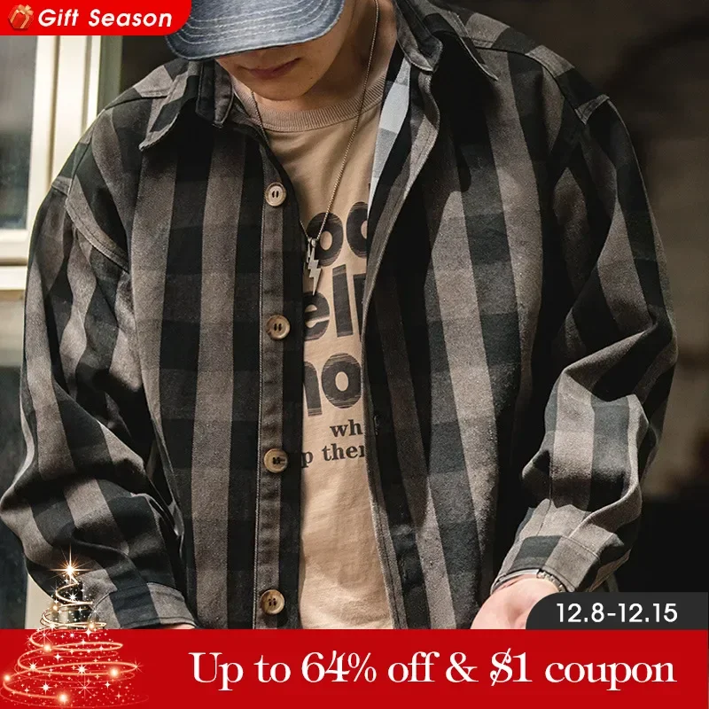 Maden Harajuku Plaid Men\'s Shirts Retro 360G Heavy High Quality Casual Single Breasted Loose Long-sleeved Turn-down Collar Shirt