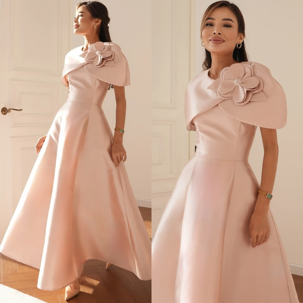 

Customized Elegant Satin O-Neck Evening Dress Classic Short Sleeves Prom Dresses Fashion Flowers Special Occasion Gowns