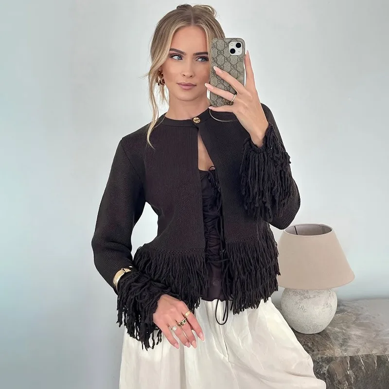 Ticketsx Vintage Tassel Knit Sweater Solid Women Button Patchwork Slim Short Cardigan Fashion New Female Casual Sweater Cardigan
