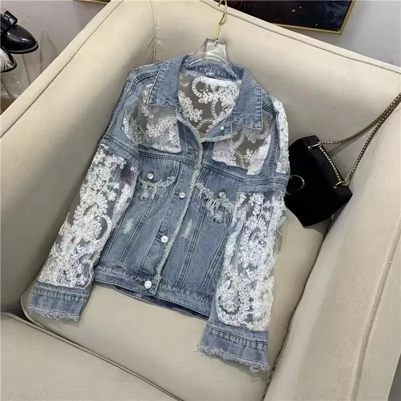 Automne Streetwear mode broderie dentelle Patchwork Sexy veste en jean vêtements pour femmes gland veste en jean ample