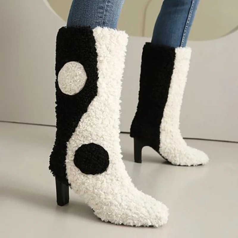 Womens Fur Furry Mid Calf Boots Tai Chi Black White Kitten High Heel Warm Winter Snow Shoes Plus Size New 2025