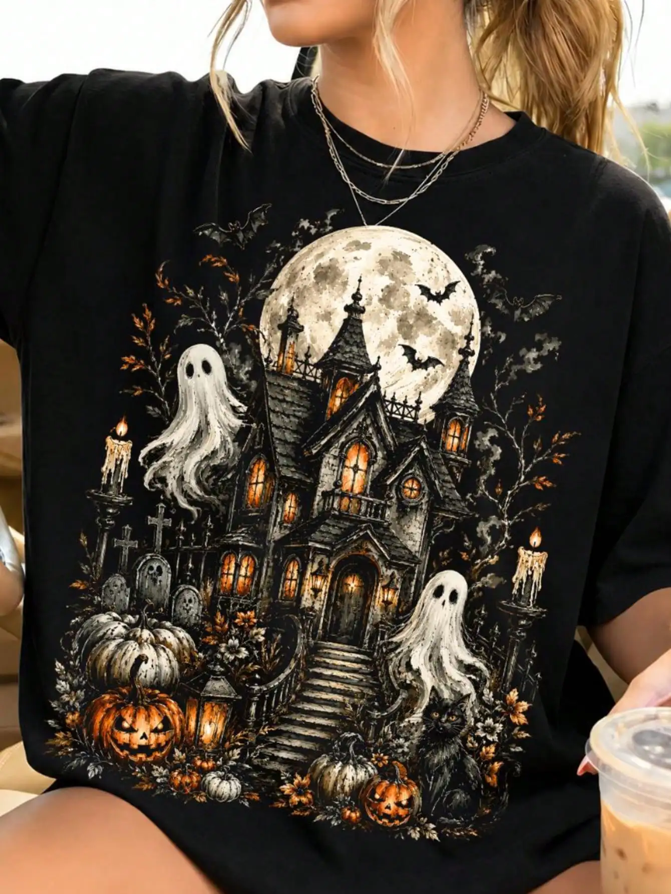 Women Halloween T-shirt 2026 New Vintage Haunted House Ghost Pumpkin Print O-neck Short Sleeve Spooky Night Party clothes