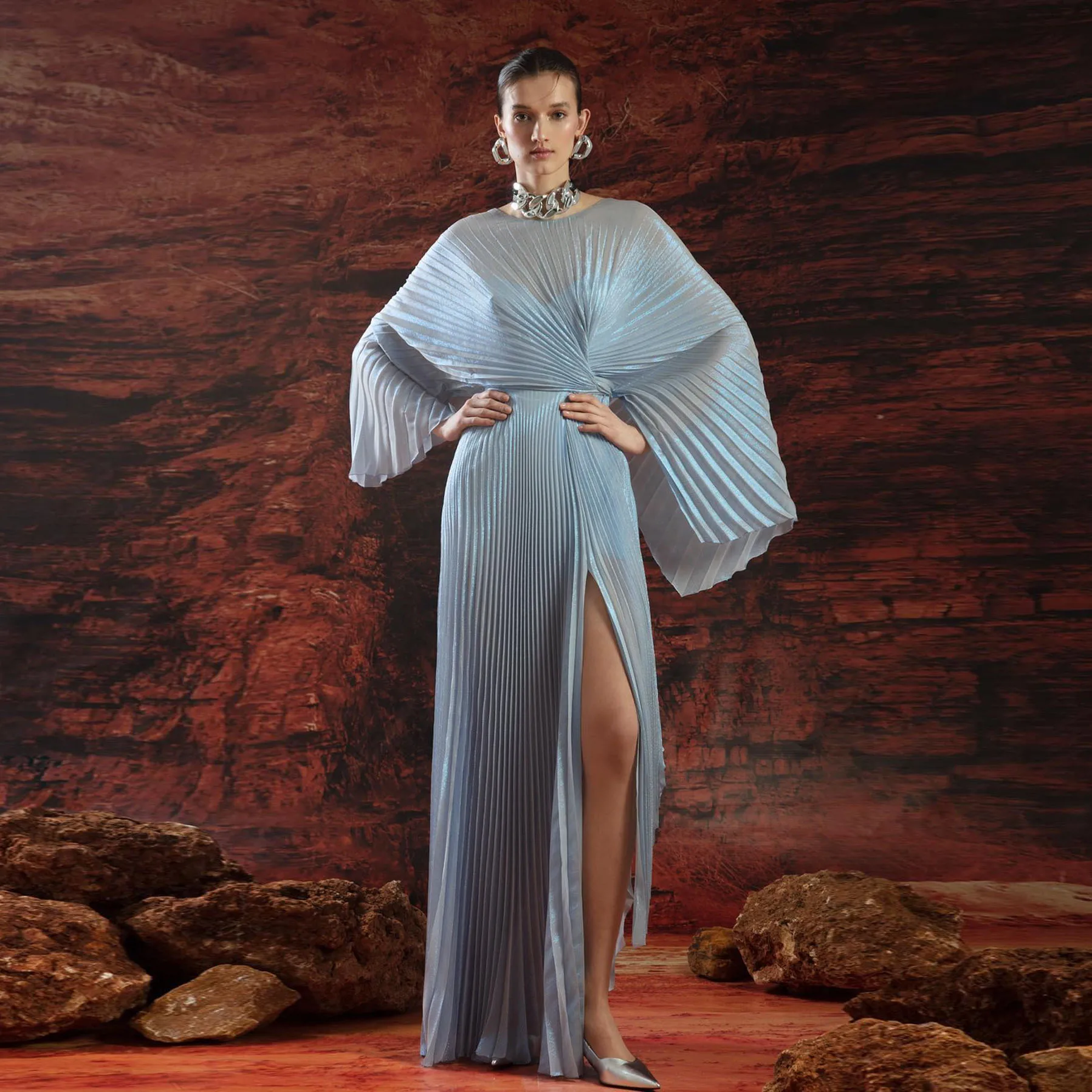 Couture Blue Folds Asymmetrical Long Evening Dresses With Batwing Sleeves Turkey Kaftan Elegant Prom Gowns