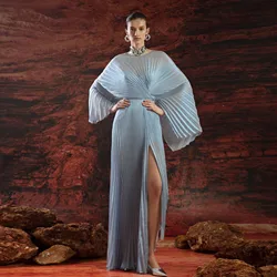 Couture Blue Folds Asymmetrical Long Evening Dresses With Batwing Sleeves Turkey Kaftan Elegant Prom Gowns