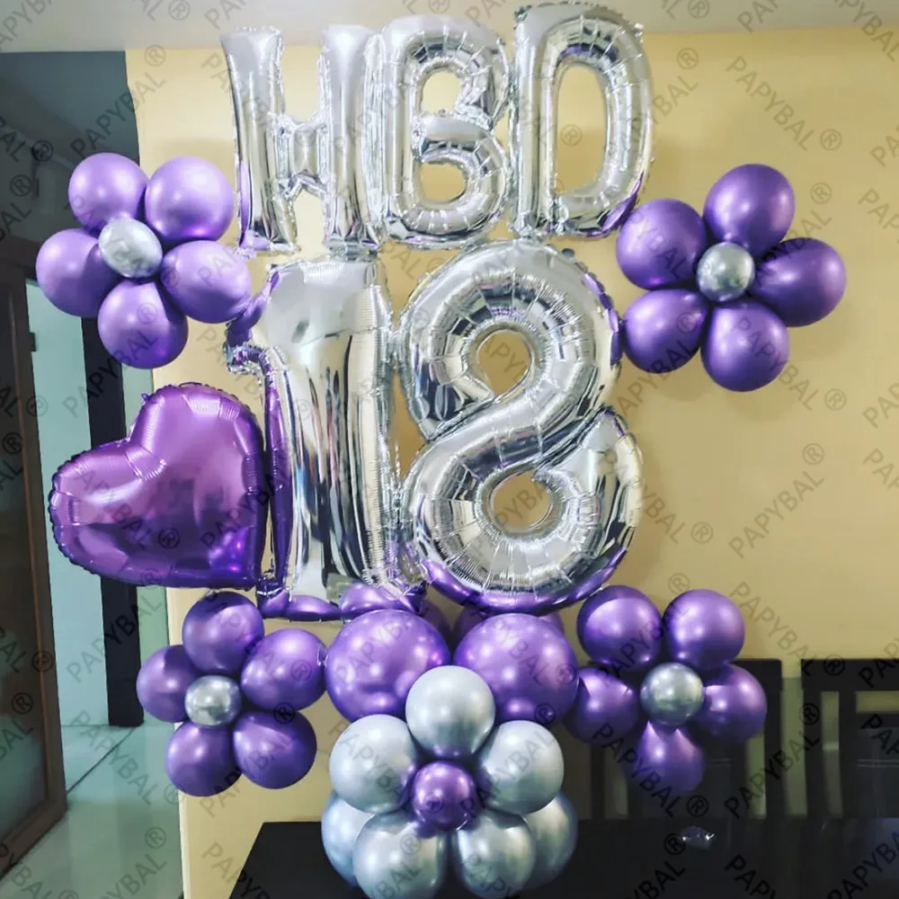 46PCS Silver Letter HBD Foil Balloons For Adult Woman Aniversary Day 18 30 60th Happy Birthday Decors Purple Heart Flower Gifts