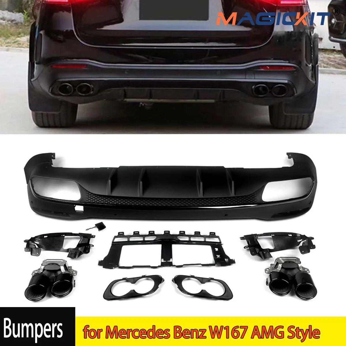 GLE63/53 Look Rear Bumper Diffuser for Mercedes Benz W167 AMG Style Rear Diffuser+Tailpipes 2020+ Glossly Black